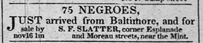 1842 Ad by Shadrack Fluellen Slatter to sell slaves received from his brother Hope Hull Slatter in Baltimore.